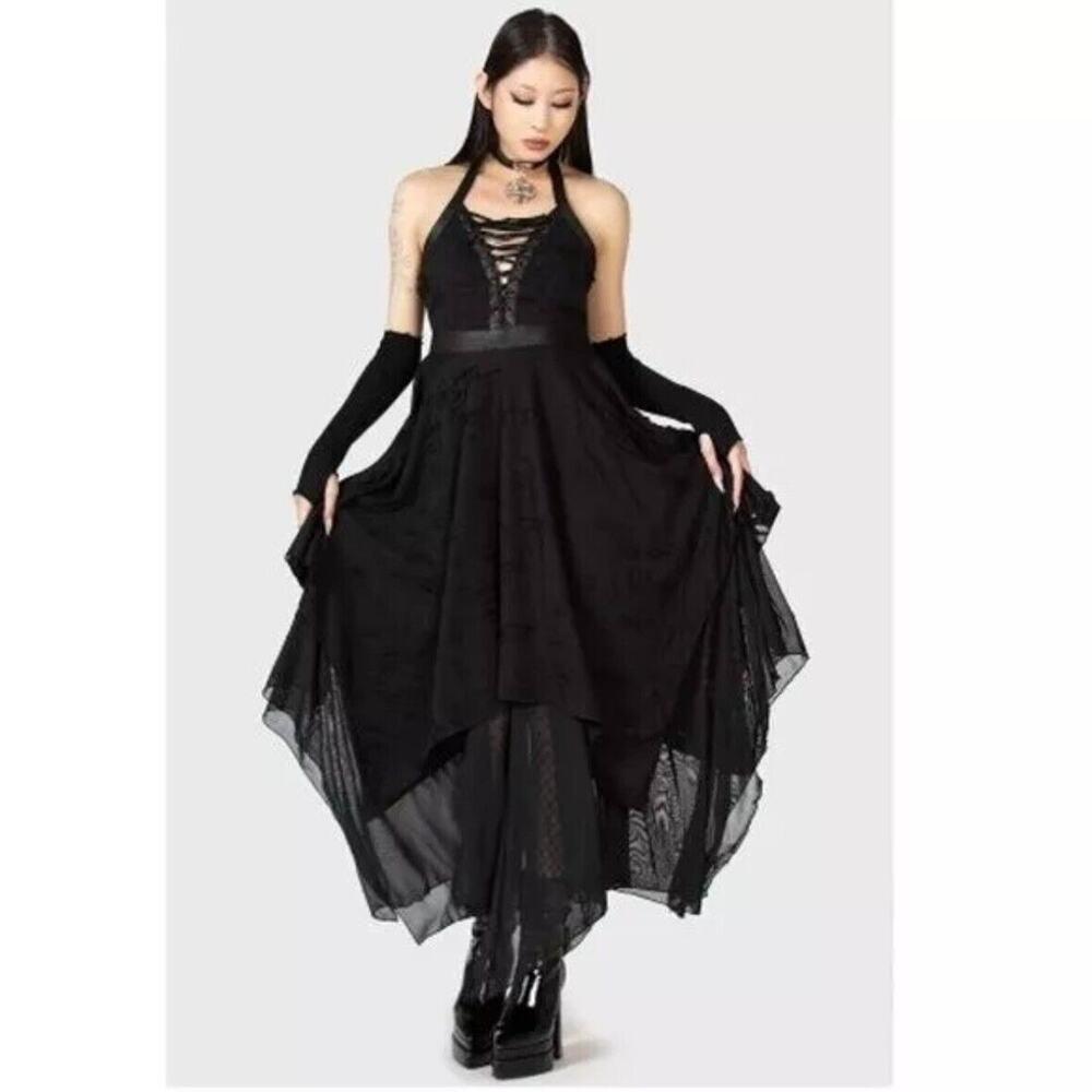 Killstar Badlands Halter Midi Dress L Black Distressed Whimsygoth Festival Witch
